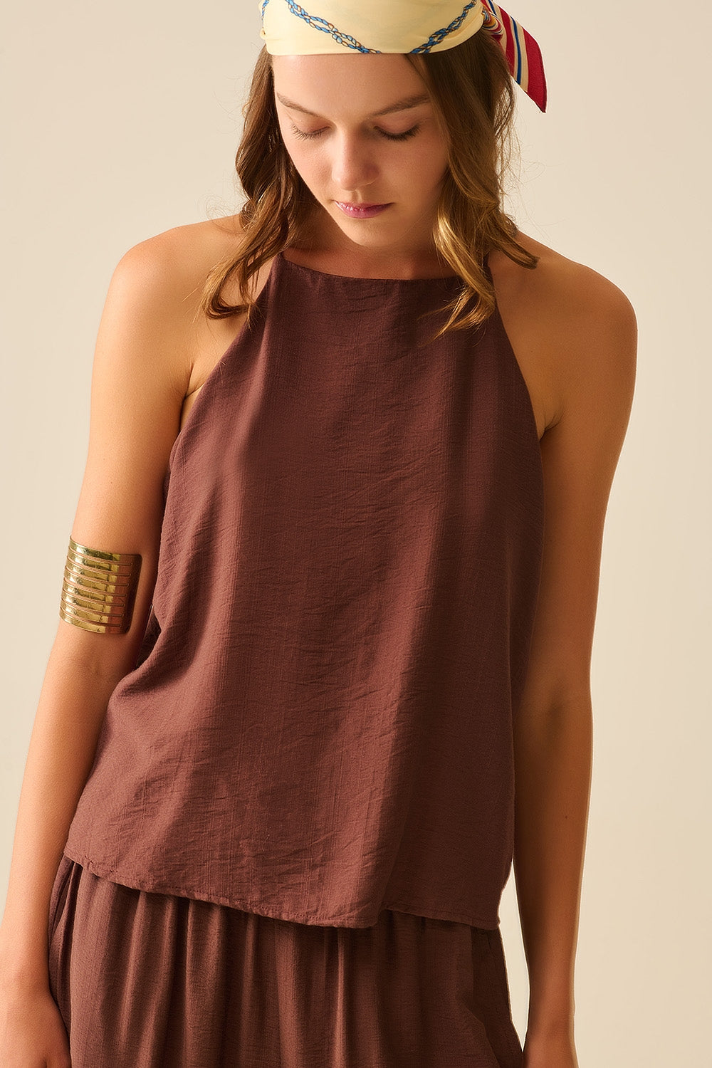 Q2 Halter Neck Basic Summer Tank in Chocolate brown
