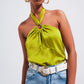 Q2 Halter neck crop top with ring detail in lime