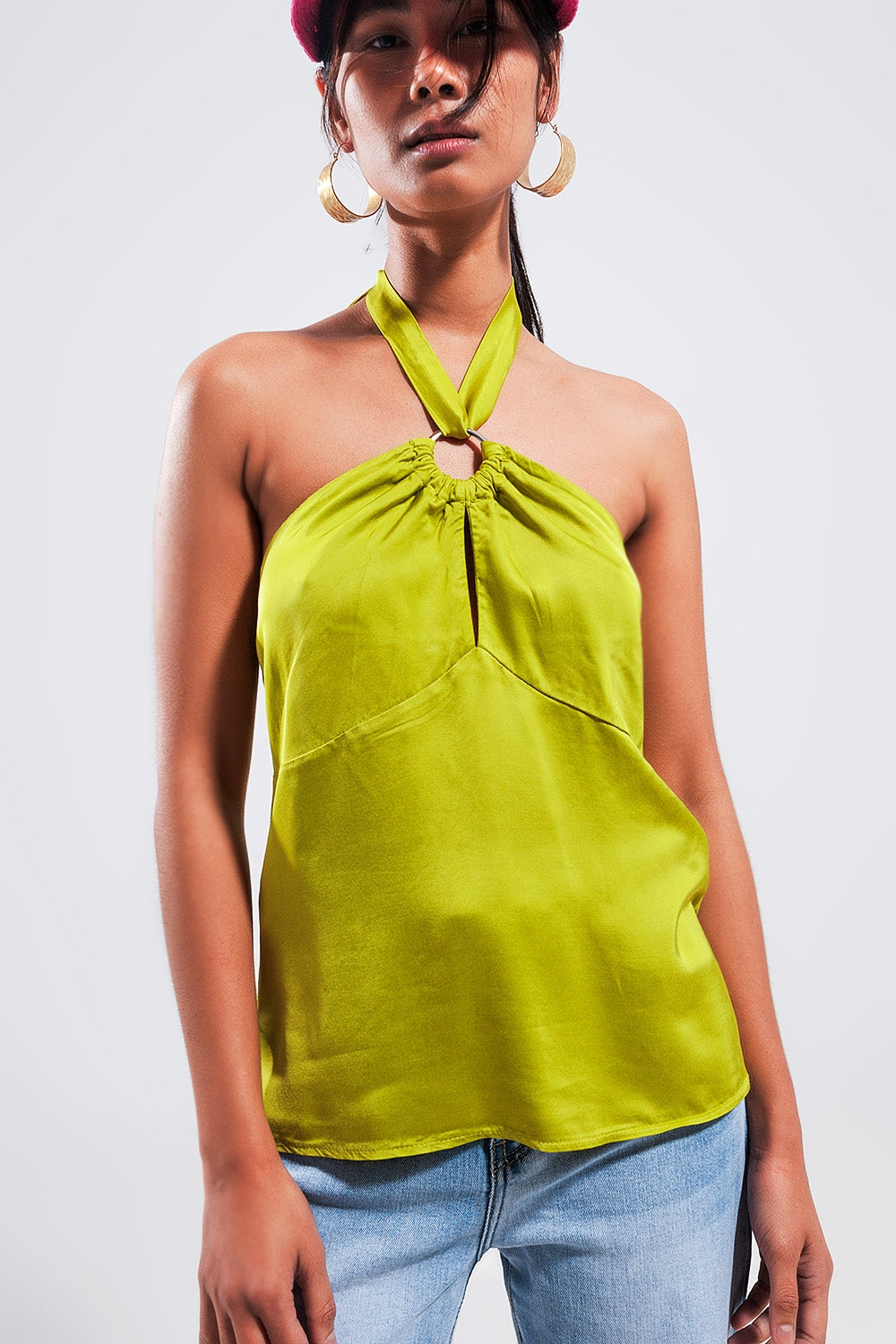 Halter neck crop top with ring detail in lime