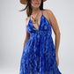 Q2 Halter Open Back BabyDoll Dress in snake Blue Print