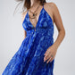 Halter Open Back BabyDoll Dress in snake Blue Print