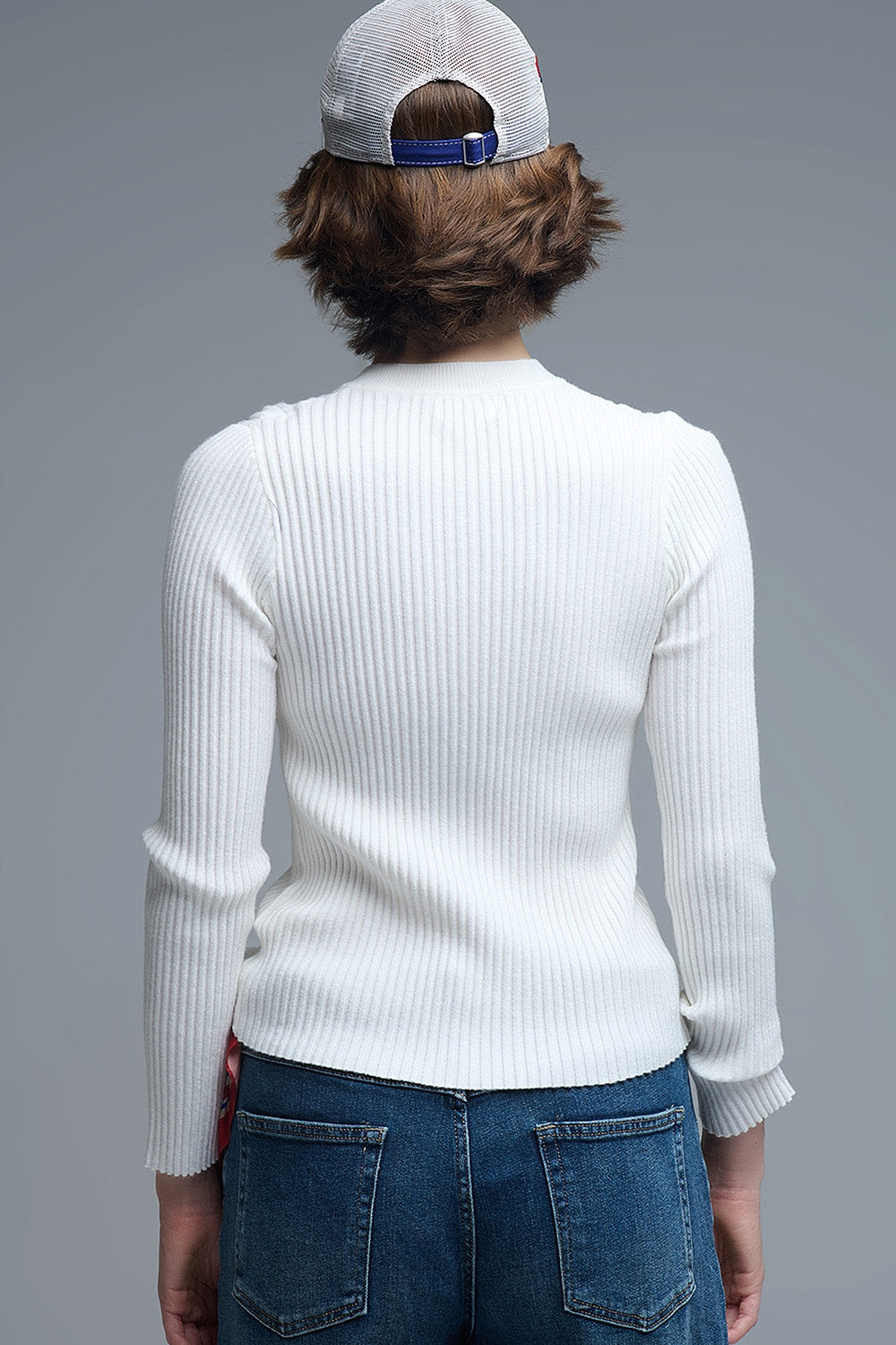 henley Long Sleeve Ribbed Sweater in White