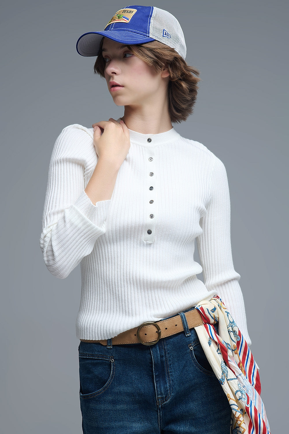henley Long Sleeve Ribbed Sweater in White