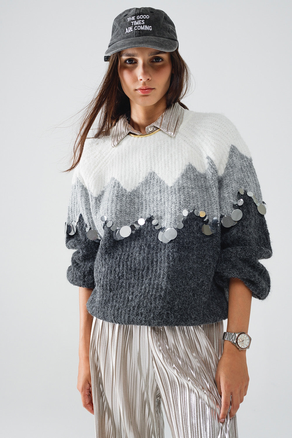 Q2 Herringbone Pattern Sweater With Sequin Details In Grey