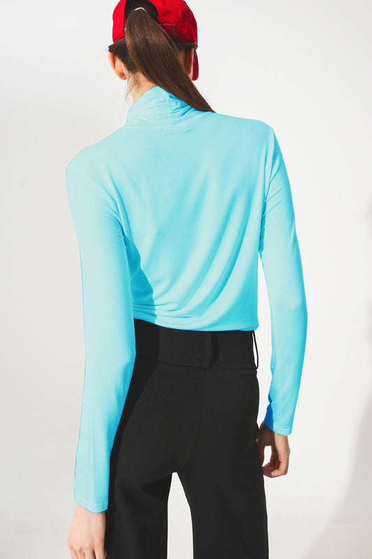 High neck long sleeve top in modal blue