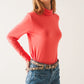 High neck long sleeve top in orange modal