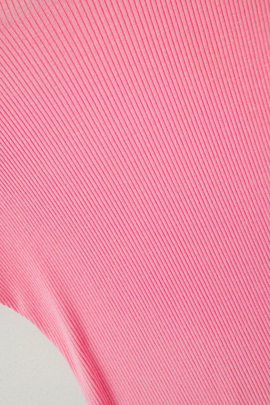 High Neck short Sleeves ribbed sweater in fucshia