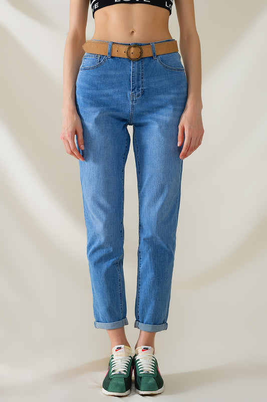 Q2 High Waist Mom Jeans In Mid Wash Stretch Denim