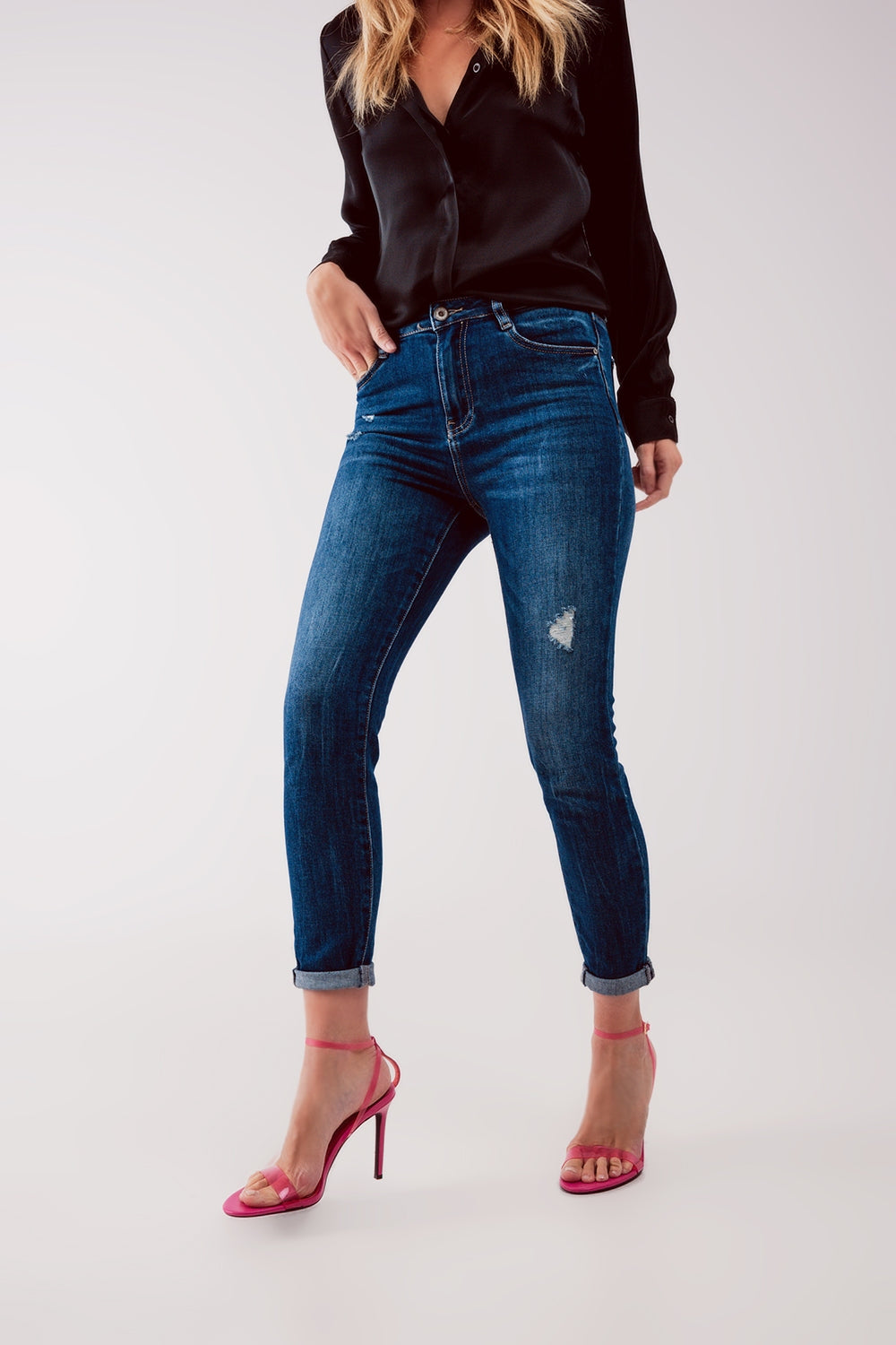 Q2 High waist ripped skinny jeans in midwash blue