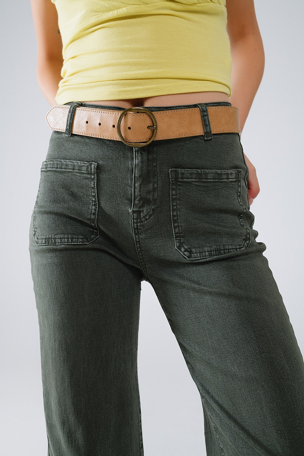 high waisted front pockets flare jeans in dark khaki