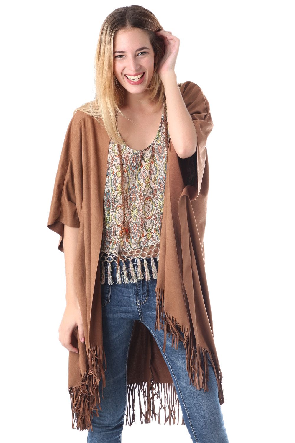 Q2 Jacket in suede with tassel fringed hem