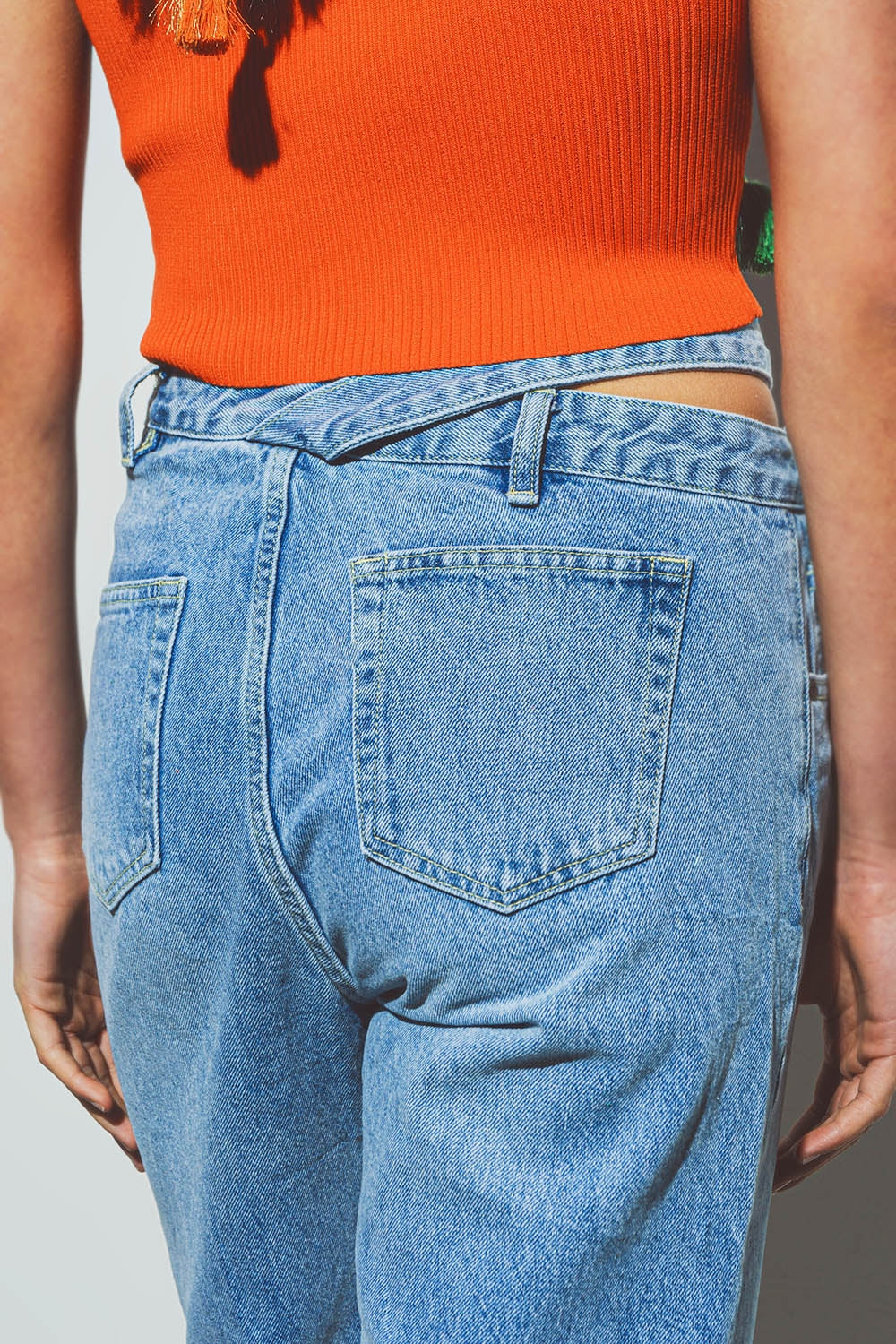 Jeans with Belt Detail in Med Wash