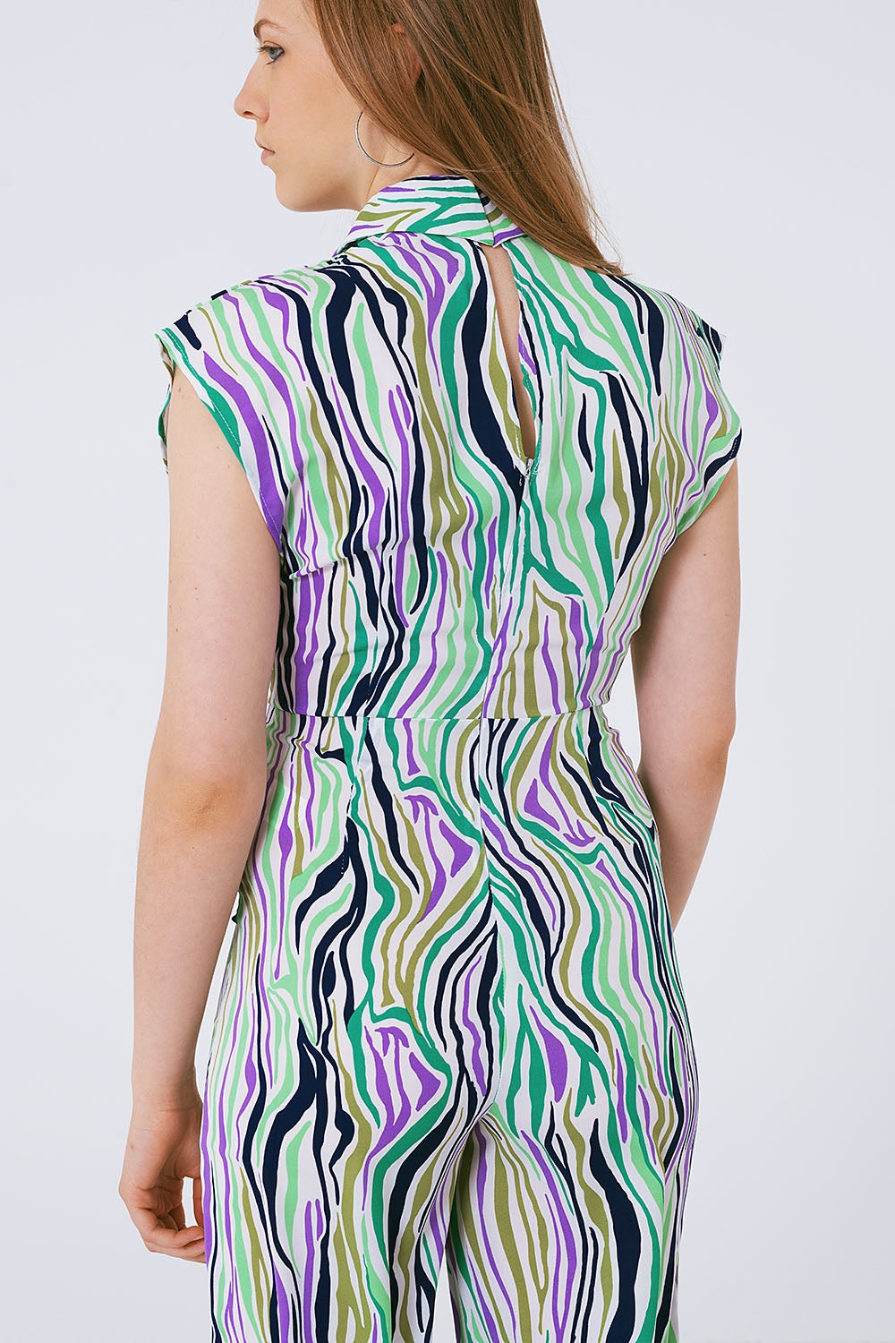 Jumpsuit With Smoking Collard in Multicolored Abstract Print