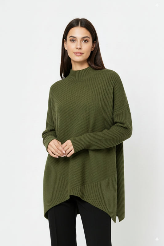 Khaki Asymmetric Ribbed Knit Sweater Tunic