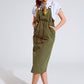 Q2 Khaki Denim Overall Dress With Chest Pocket and Drawstring Waist