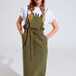 Khaki Denim Overall Dress With Chest Pocket and Drawstring Waist