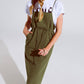 Khaki Denim Overall Dress With Chest Pocket and Drawstring Waist