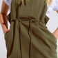 Khaki Denim Overall Dress With Chest Pocket and Drawstring Waist