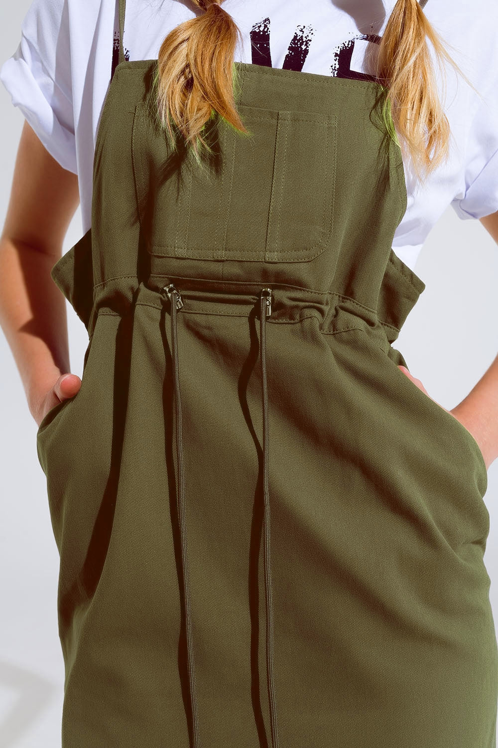 Khaki Denim Overall Dress With Chest Pocket and Drawstring Waist