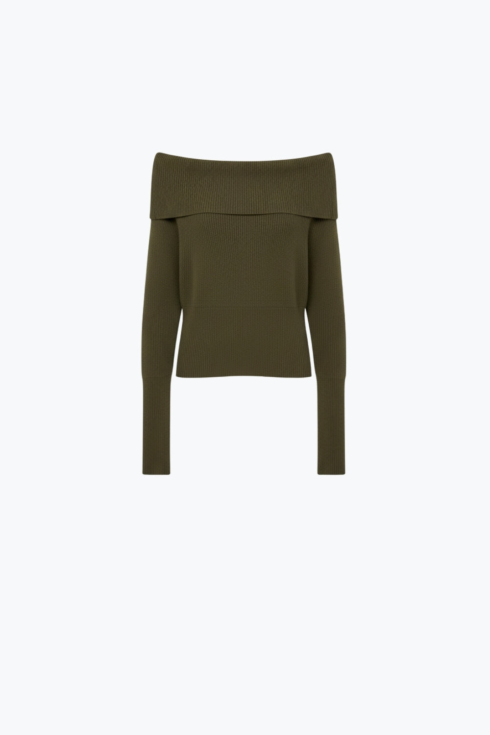 Q2 khaki fine ribbed knit sweater with wide boat neck