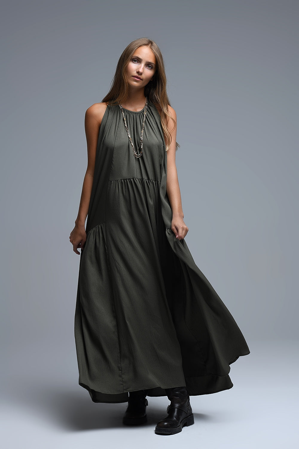 Q2 Khaki Halter Neck Maxi Dress With Seam Detailing