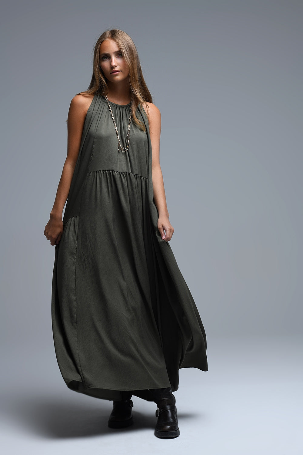 Khaki Halter Neck Maxi Dress With Seam Detailing