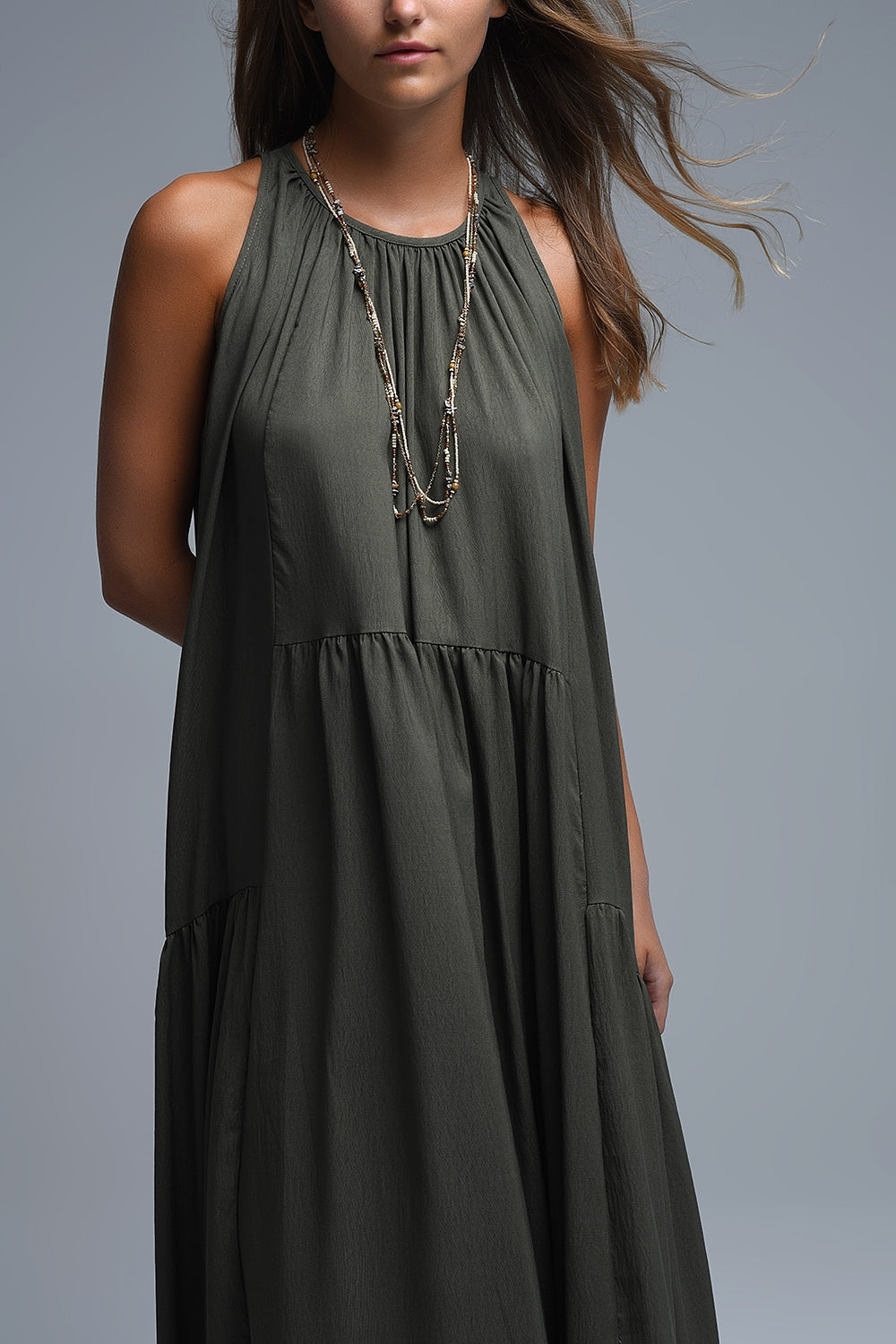 Khaki Halter Neck Maxi Dress With Seam Detailing