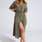 Khaki Midi Button Down Dress With Short Sleeves and Matching Belt