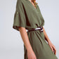 Khaki Midi Button Down Dress With Short Sleeves and Matching Belt