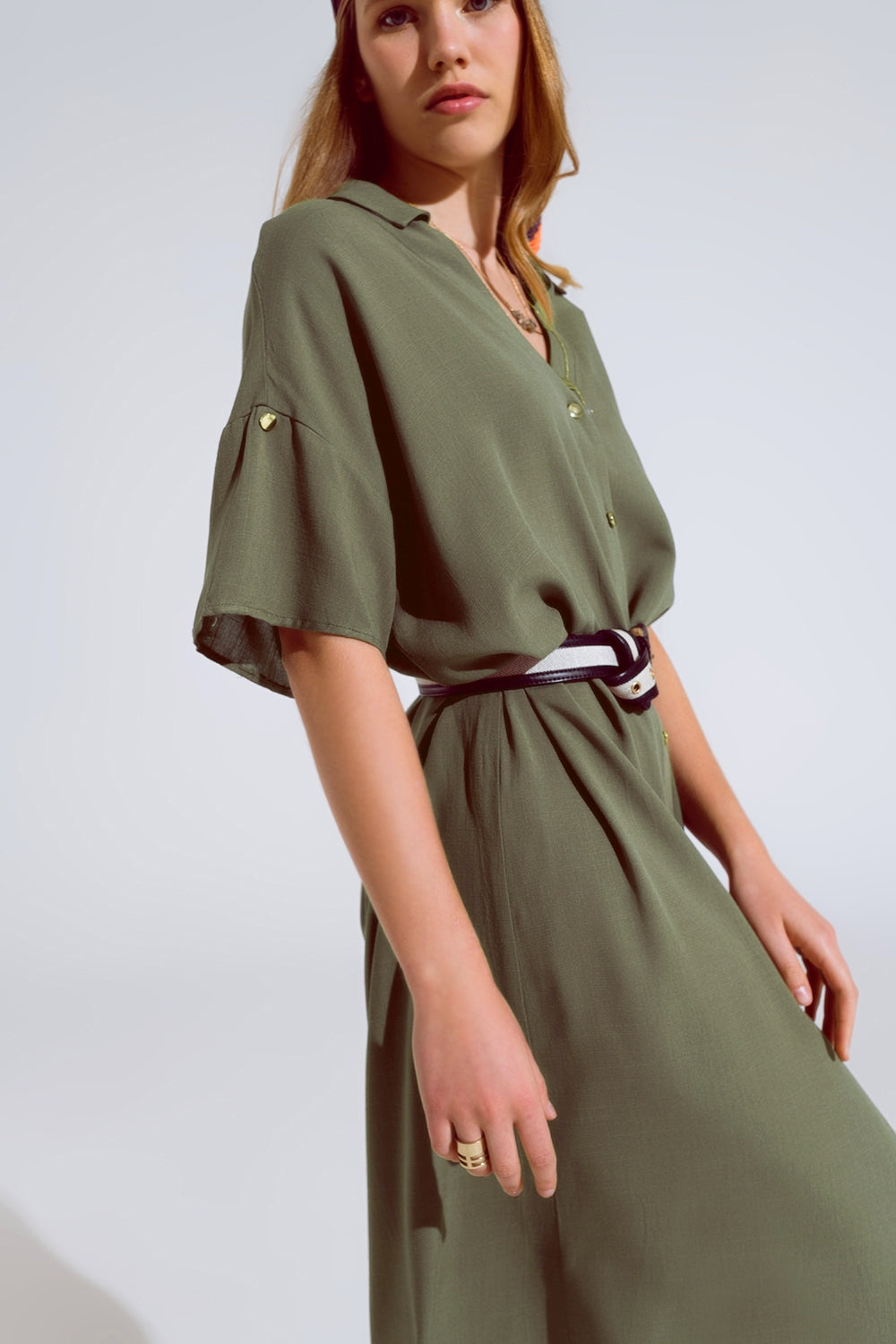 Khaki Midi Button Down Dress With Short Sleeves and Matching Belt