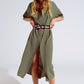 Khaki Midi Button Down Dress With Short Sleeves and Matching Belt