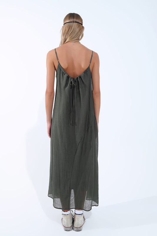 Khaki Midi Dress with Thin Straps and Crinkled Detail