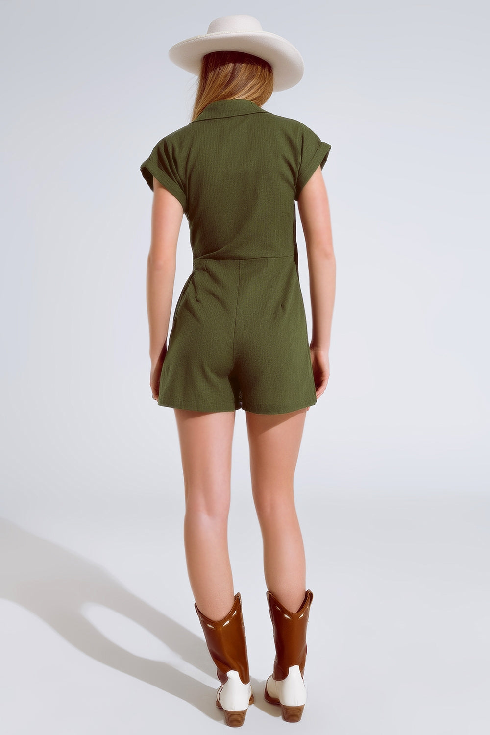 Khaki playsuit With Tie Closing At The Side