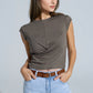 Q2 Khaki short-sleeved top crossed at the bottom front