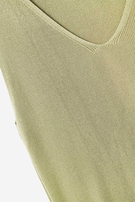khaki sleeveless fine knitted top With V-Neck