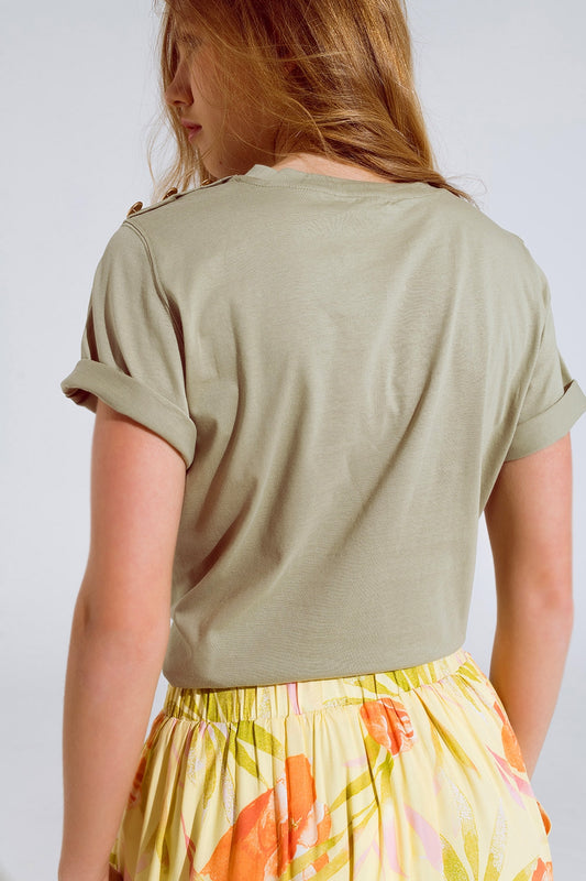 Khaki T-Shirt with golden button detail on shoulder