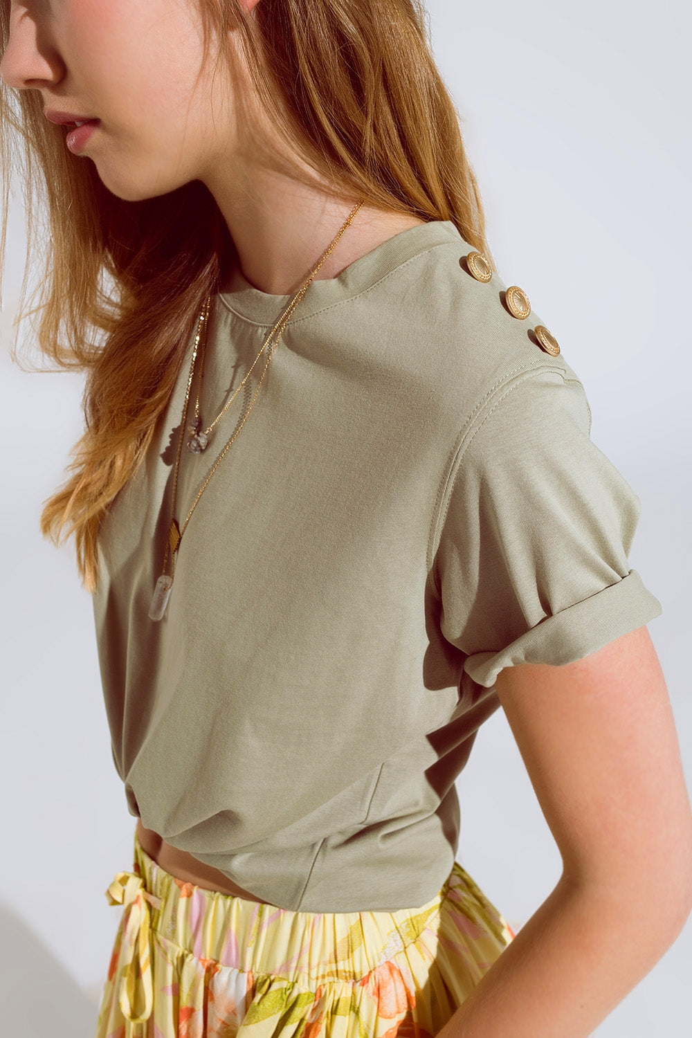 Khaki T-Shirt with golden button detail on shoulder