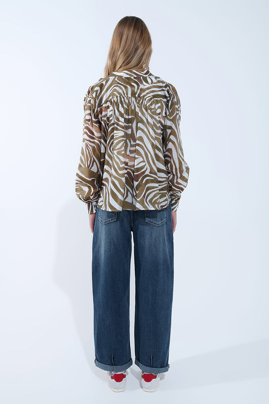 khaki zebra print flowy chiffon blouse