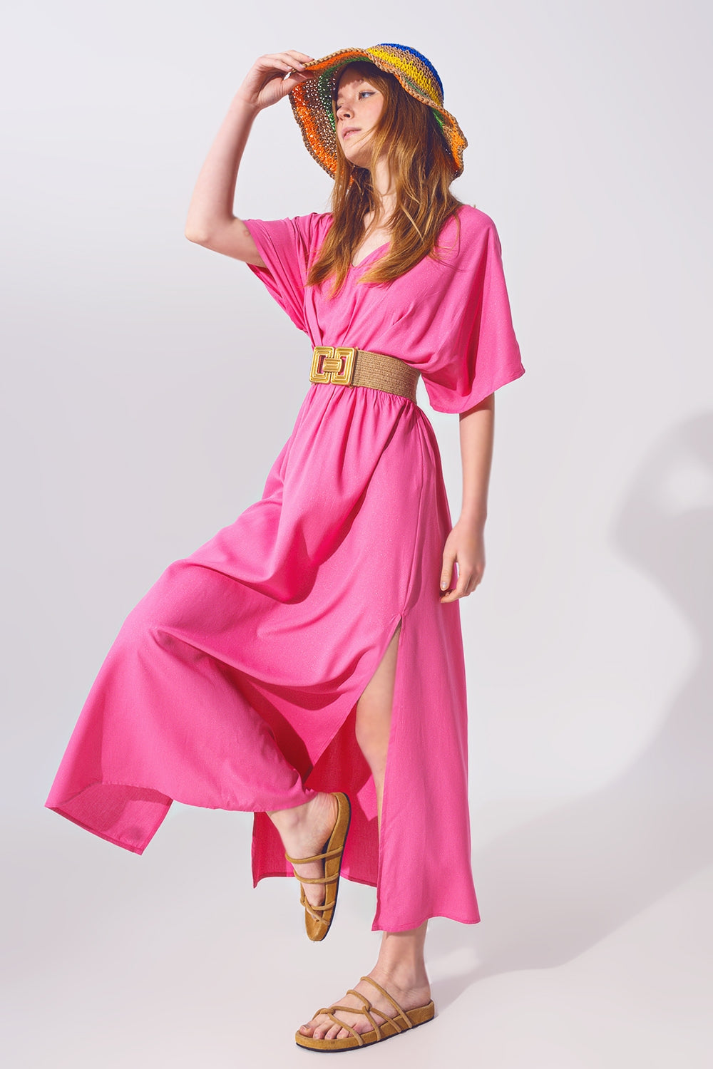 VESTIDO LARGO CON MANGAS KIMONO EN ROSA