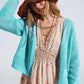 Q2 Knitted Crochet Cardigan With Knitted Clouds In light turquoise