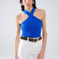 Q2 Knitted Cross Front Cropped Top in Blue