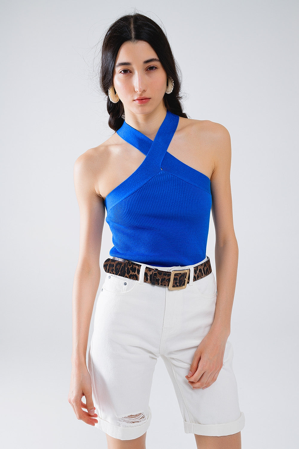 Q2 Knitted Cross Front Cropped Top in Blue