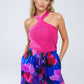 Q2 Knitted Cross Front Cropped Top in Fuchsia