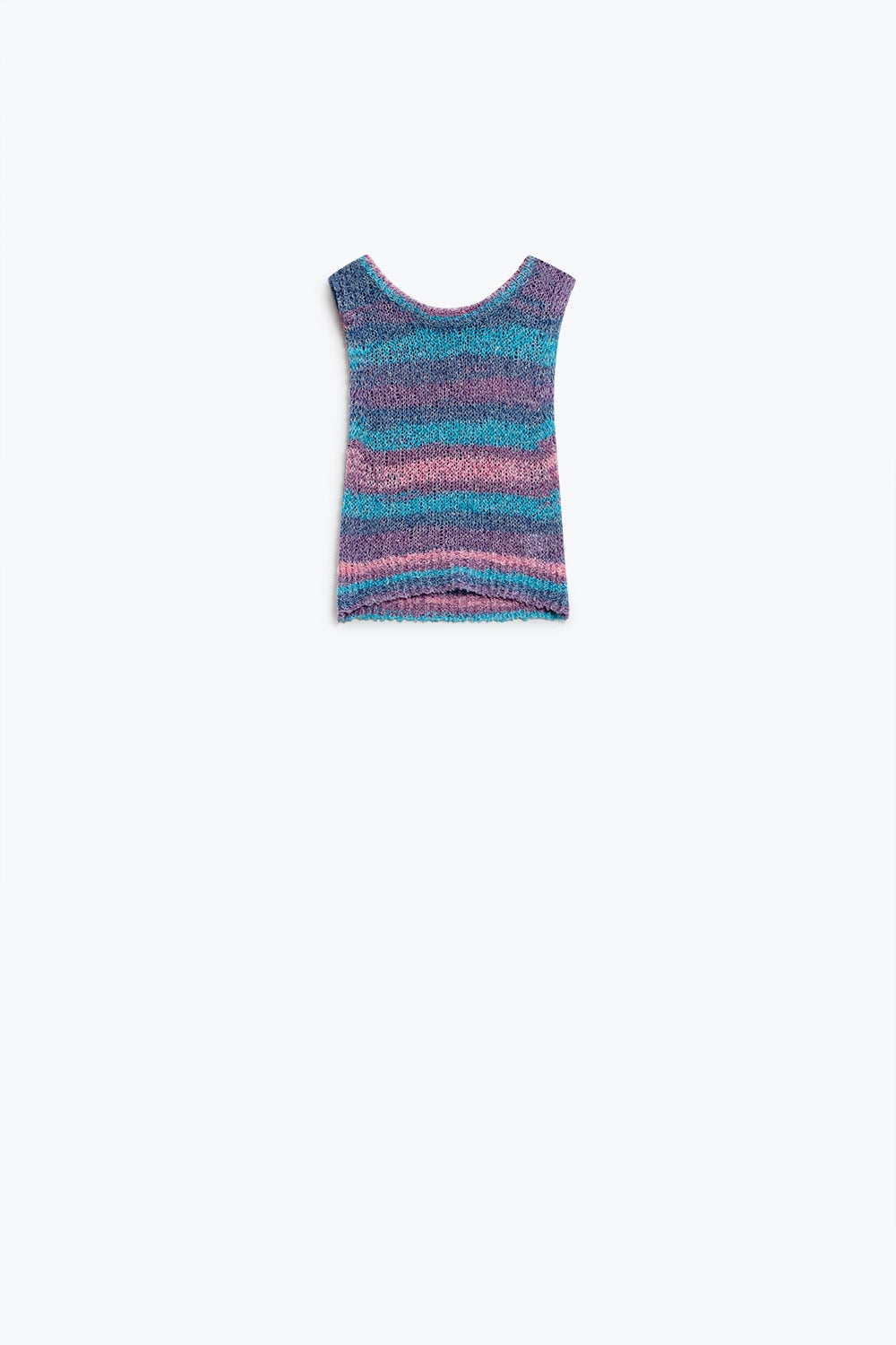 Q2 Knitted Dark Multicolor Sleeveless Sweater With Stripes and Crew Neckline