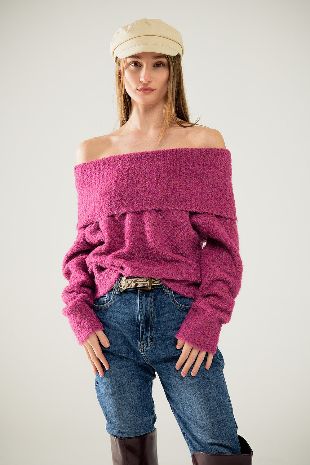 knitted fluffy boat neck sweater in fucsia