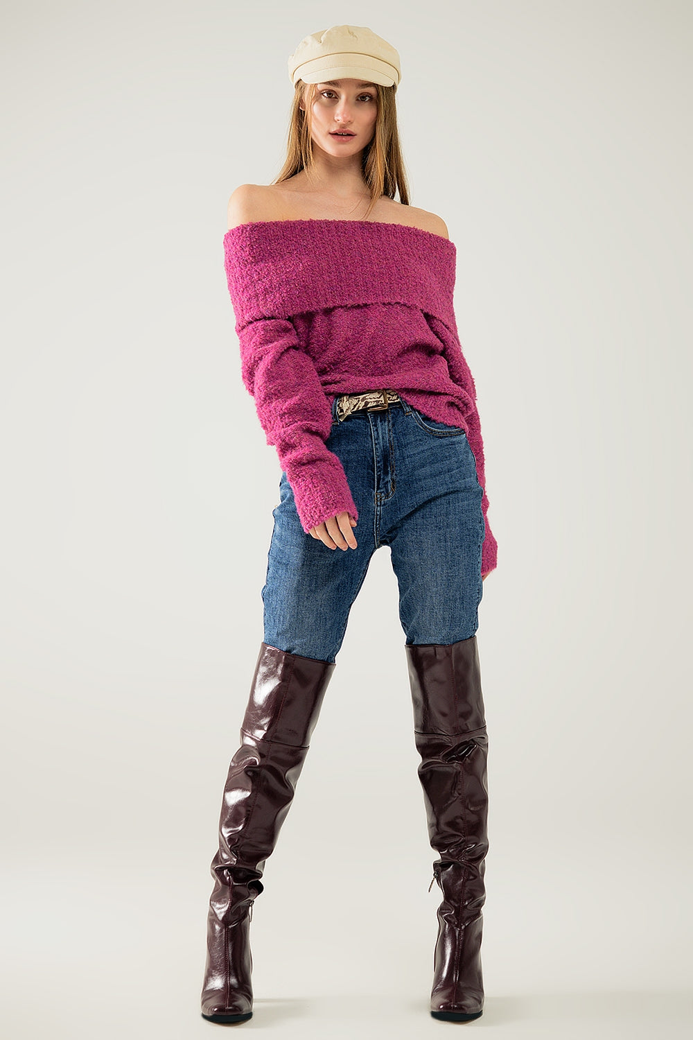 knitted fluffy boat neck sweater in fucsia