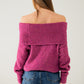 knitted fluffy boat neck sweater in fucsia