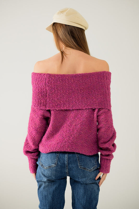 knitted fluffy boat neck sweater in fucsia