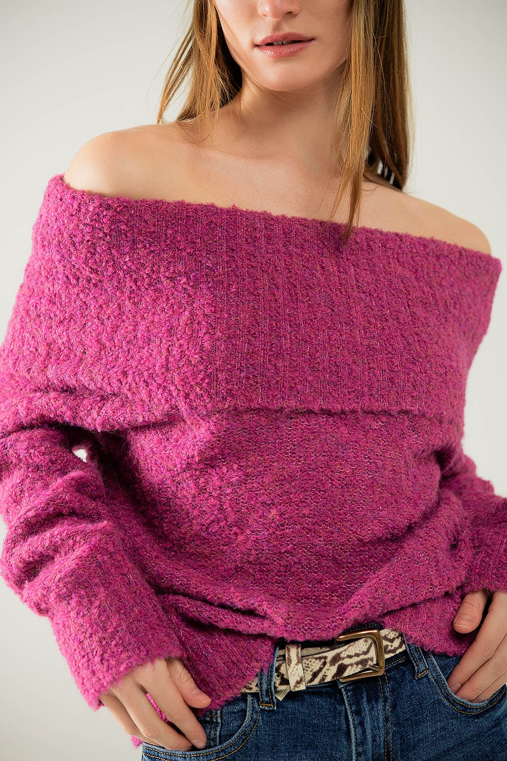 knitted fluffy boat neck sweater in fucsia