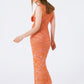 Knitted Long Dress With Chest Ruffle in Melange Orange